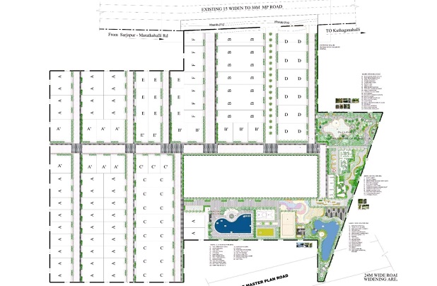 Master plan layout of Purva Westend showing apartment blocks and green spaces